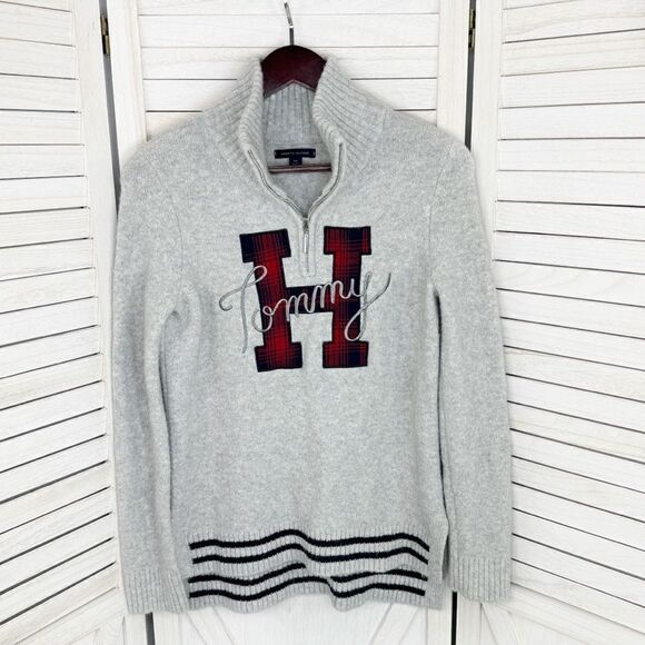 Tommy Hilfiger Logo Patch Varsity Sweater Grey Small Wool Blend Quarter Zip - Picture 7 of 12